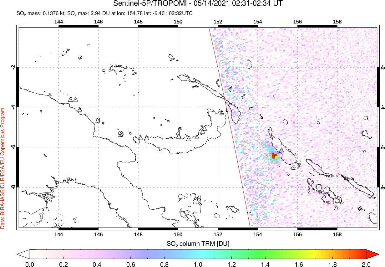 A sulfur dioxide image over Papua, New Guinea on May 14, 2021.