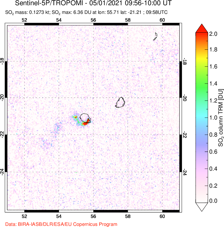 A sulfur dioxide image over Reunion Island, Indian Ocean on May 01, 2021.