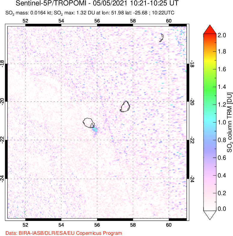 A sulfur dioxide image over Reunion Island, Indian Ocean on May 05, 2021.