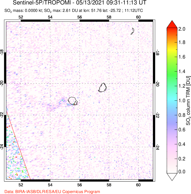 A sulfur dioxide image over Reunion Island, Indian Ocean on May 13, 2021.
