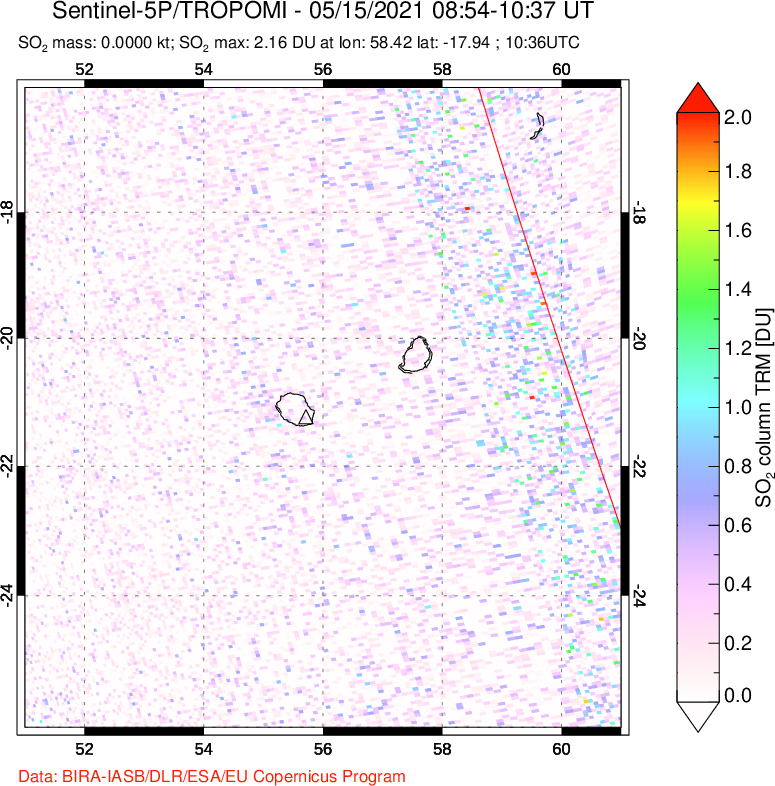 A sulfur dioxide image over Reunion Island, Indian Ocean on May 15, 2021.