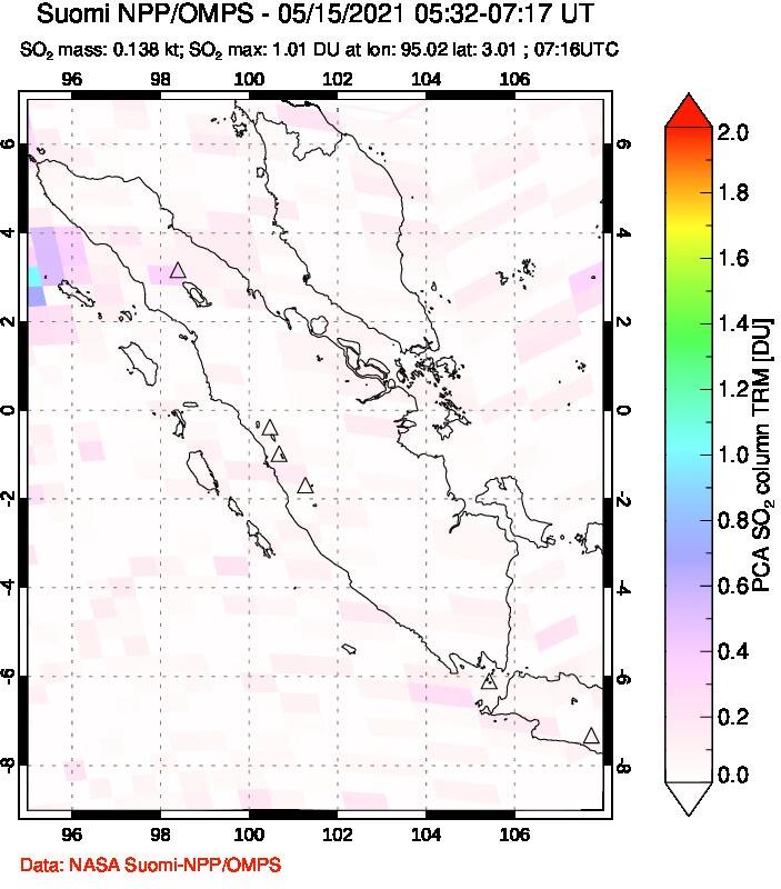 A sulfur dioxide image over Sumatra, Indonesia on May 15, 2021.
