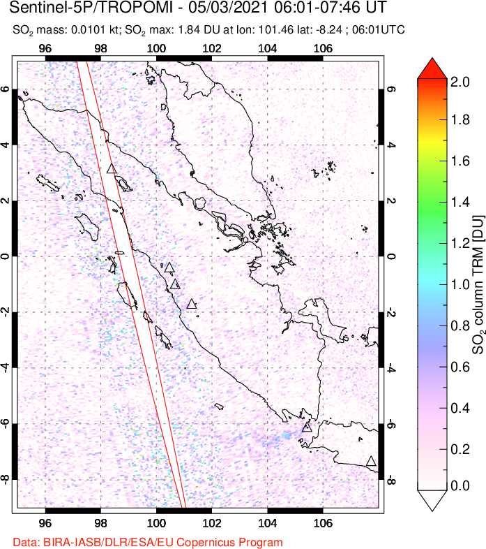 A sulfur dioxide image over Sumatra, Indonesia on May 03, 2021.