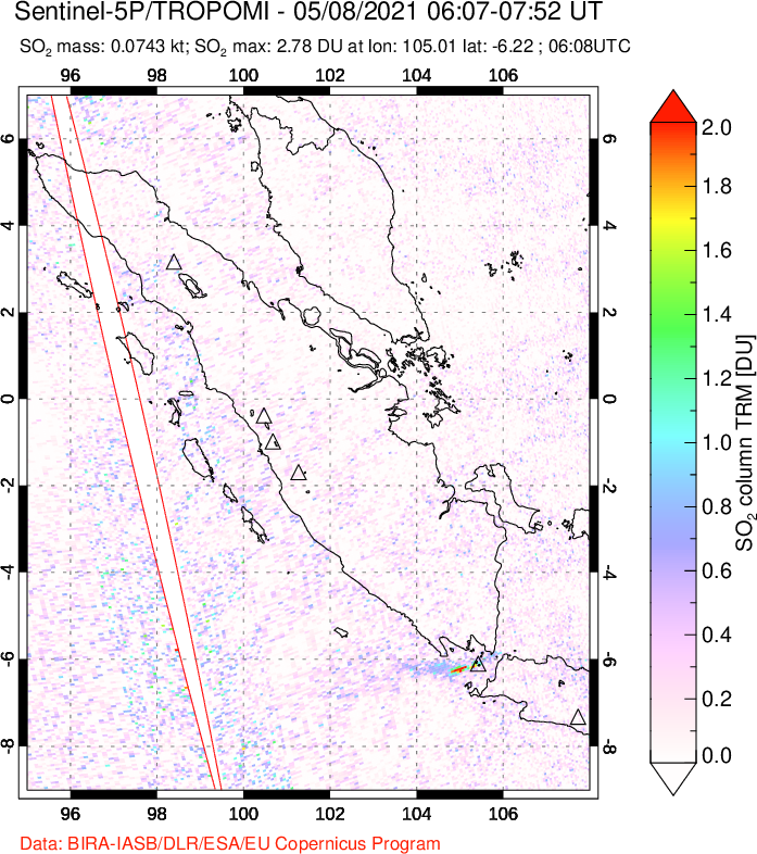 A sulfur dioxide image over Sumatra, Indonesia on May 08, 2021.