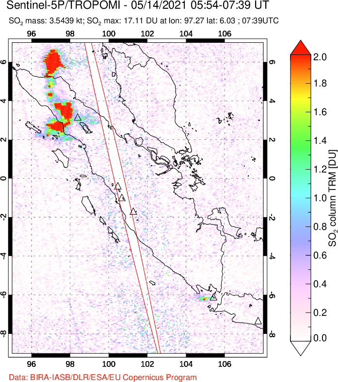 A sulfur dioxide image over Sumatra, Indonesia on May 14, 2021.