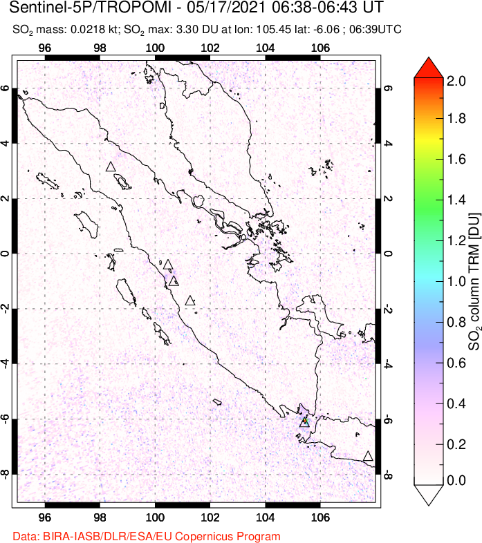 A sulfur dioxide image over Sumatra, Indonesia on May 17, 2021.