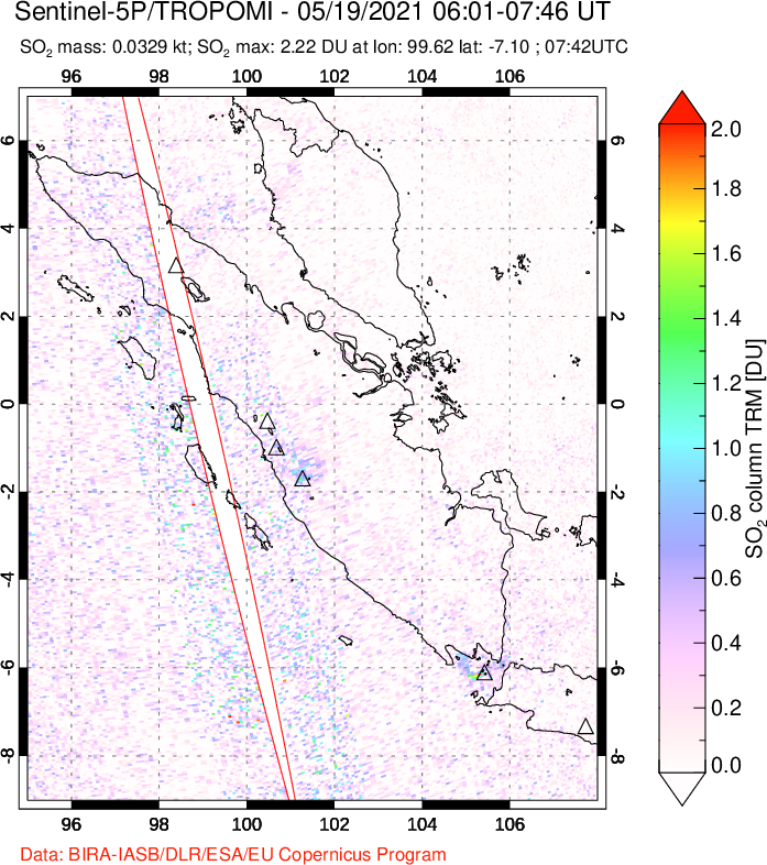 A sulfur dioxide image over Sumatra, Indonesia on May 19, 2021.