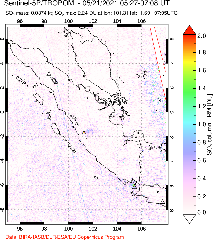 A sulfur dioxide image over Sumatra, Indonesia on May 21, 2021.