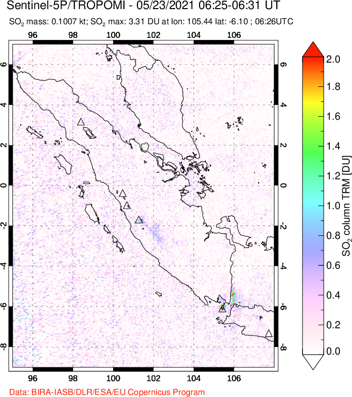 A sulfur dioxide image over Sumatra, Indonesia on May 23, 2021.