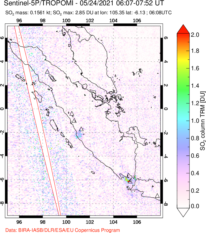 A sulfur dioxide image over Sumatra, Indonesia on May 24, 2021.