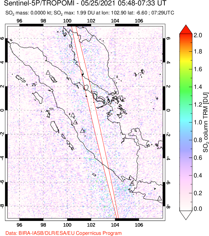 A sulfur dioxide image over Sumatra, Indonesia on May 25, 2021.