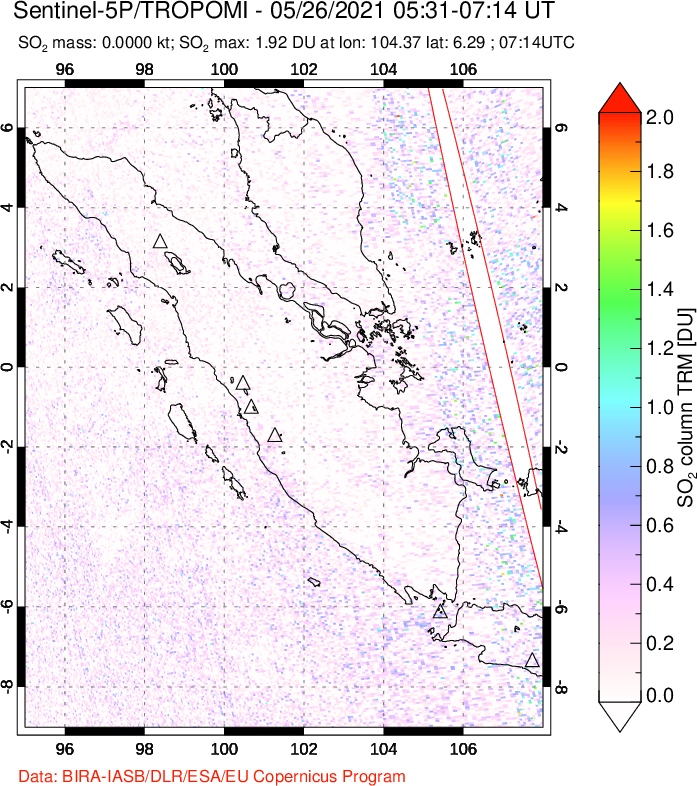 A sulfur dioxide image over Sumatra, Indonesia on May 26, 2021.