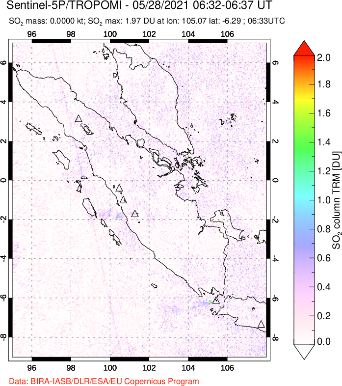 A sulfur dioxide image over Sumatra, Indonesia on May 28, 2021.