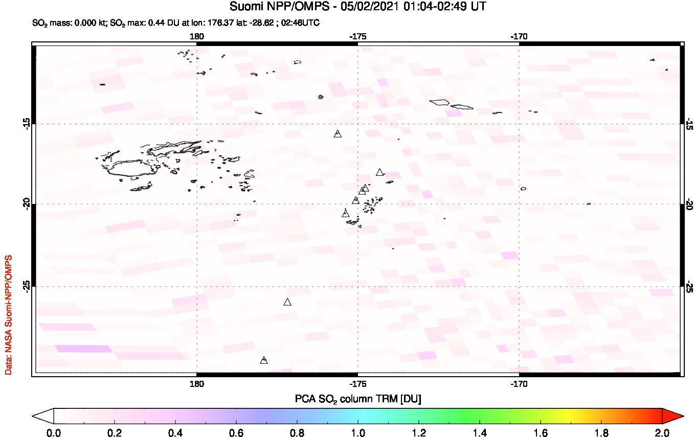 A sulfur dioxide image over Tonga, South Pacific on May 02, 2021.