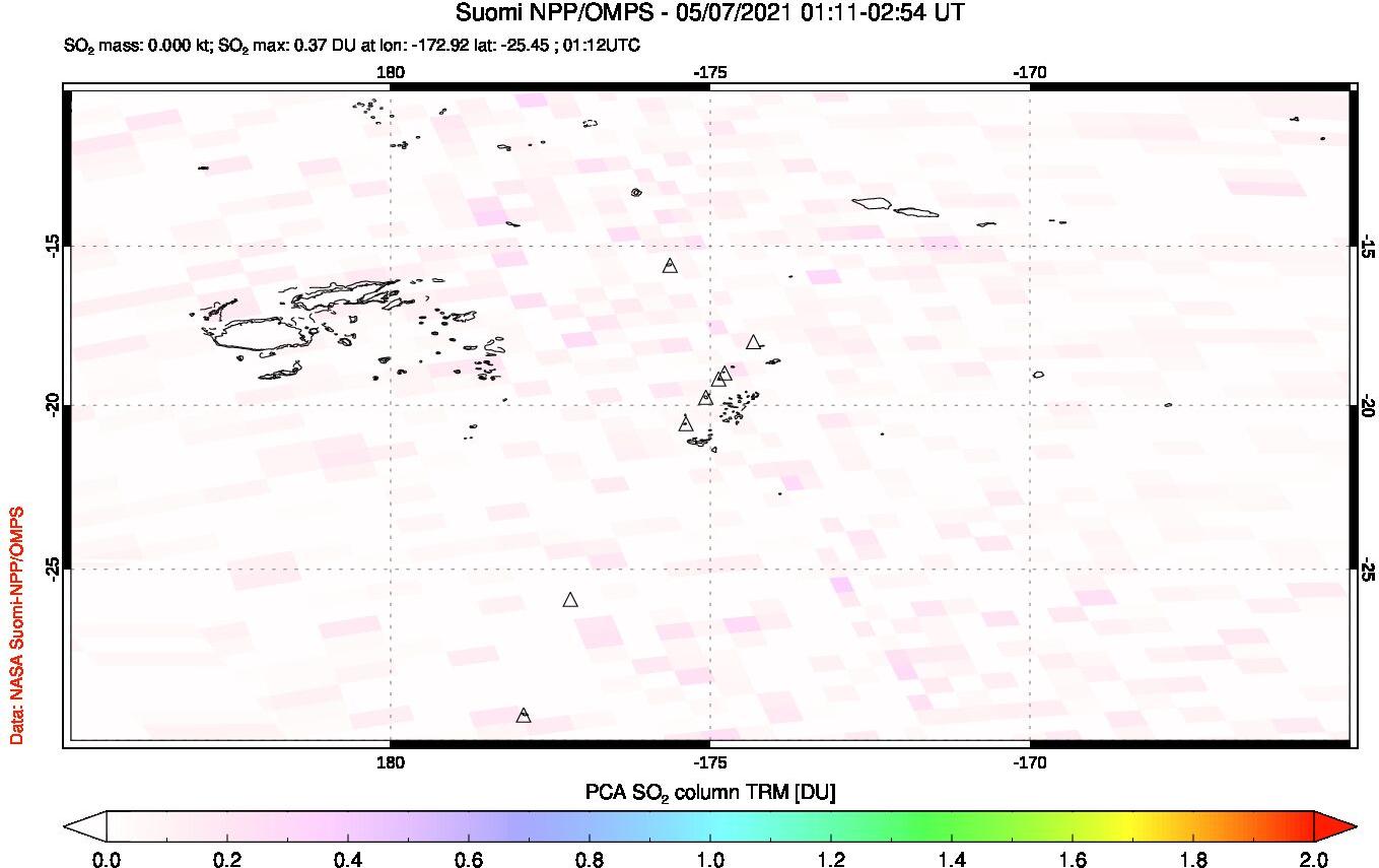 A sulfur dioxide image over Tonga, South Pacific on May 07, 2021.