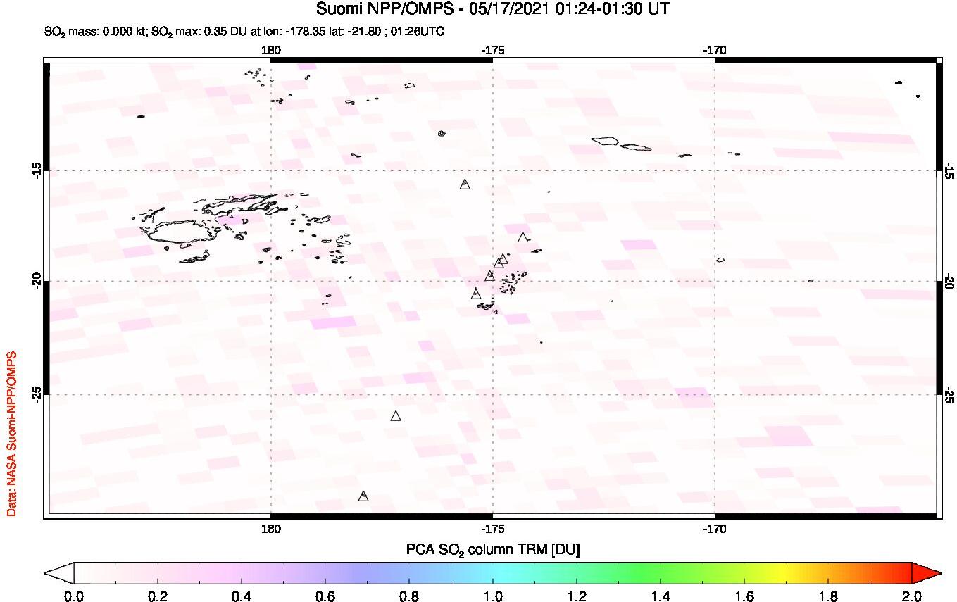 A sulfur dioxide image over Tonga, South Pacific on May 17, 2021.