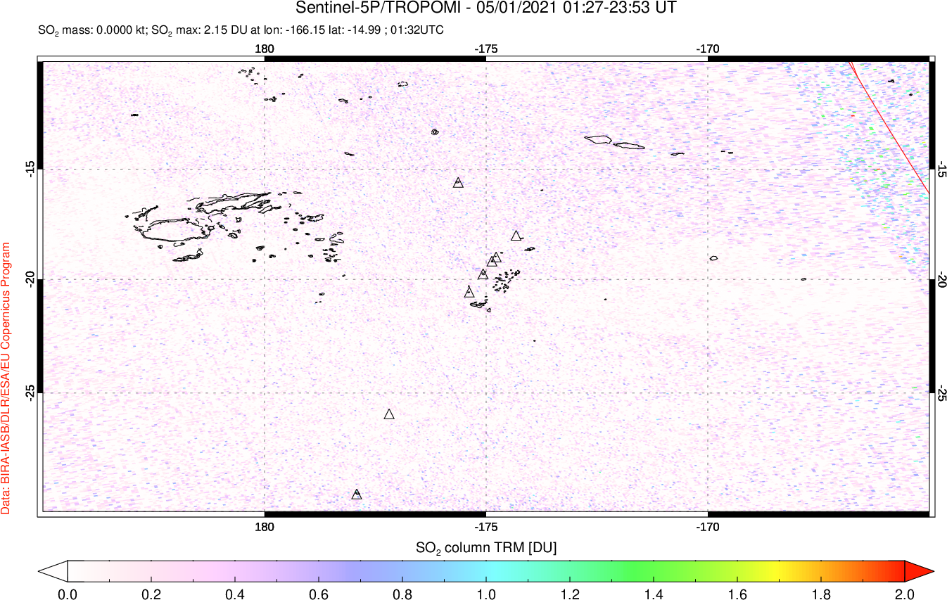 A sulfur dioxide image over Tonga, South Pacific on May 01, 2021.