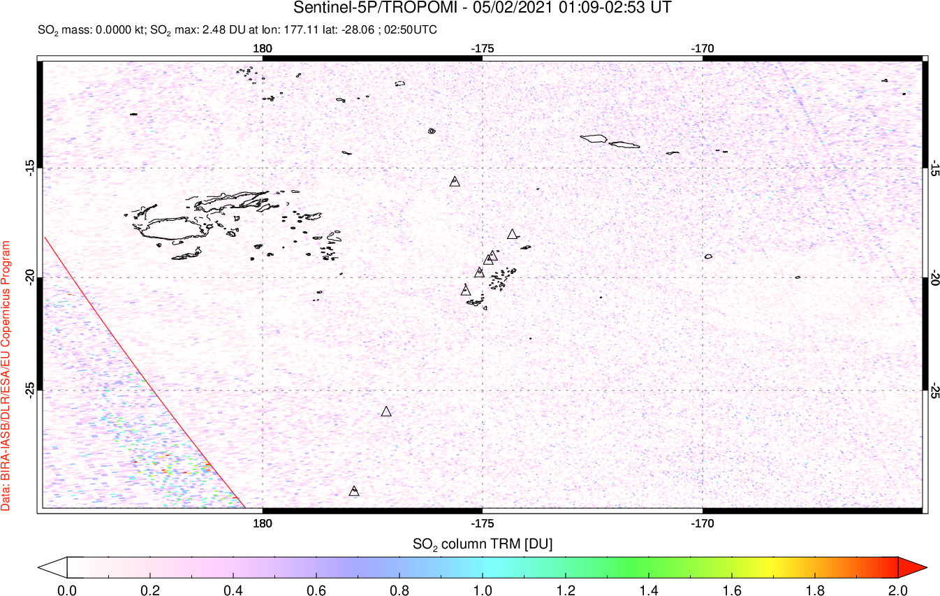 A sulfur dioxide image over Tonga, South Pacific on May 02, 2021.