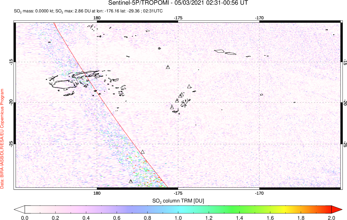 A sulfur dioxide image over Tonga, South Pacific on May 03, 2021.