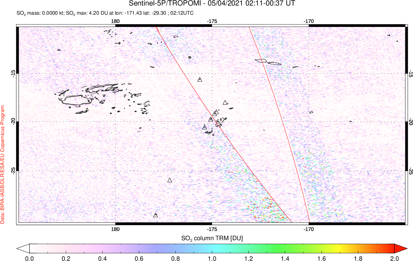 A sulfur dioxide image over Tonga, South Pacific on May 04, 2021.