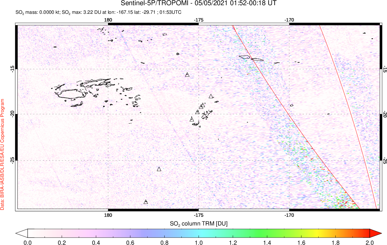 A sulfur dioxide image over Tonga, South Pacific on May 05, 2021.