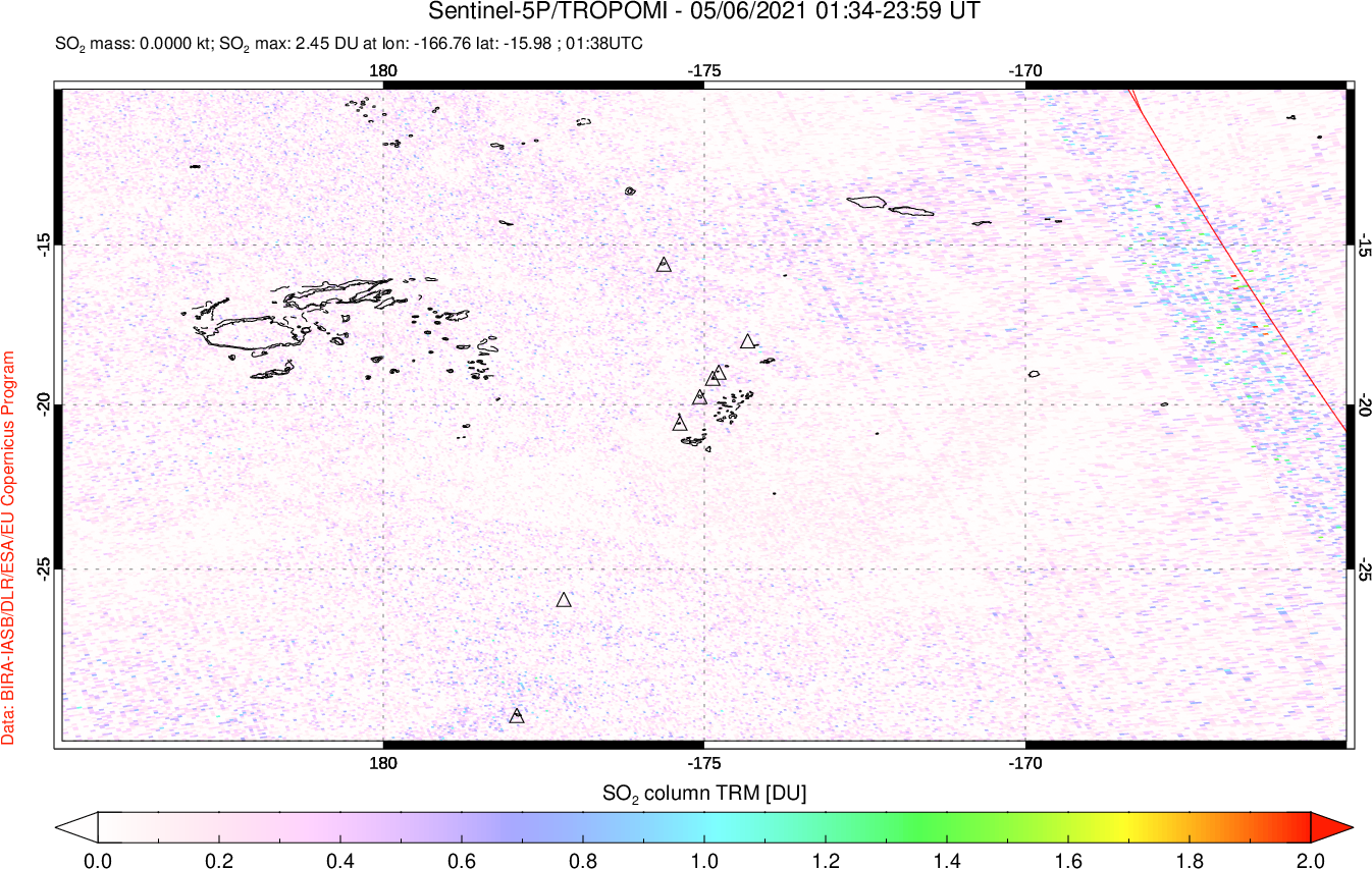 A sulfur dioxide image over Tonga, South Pacific on May 06, 2021.