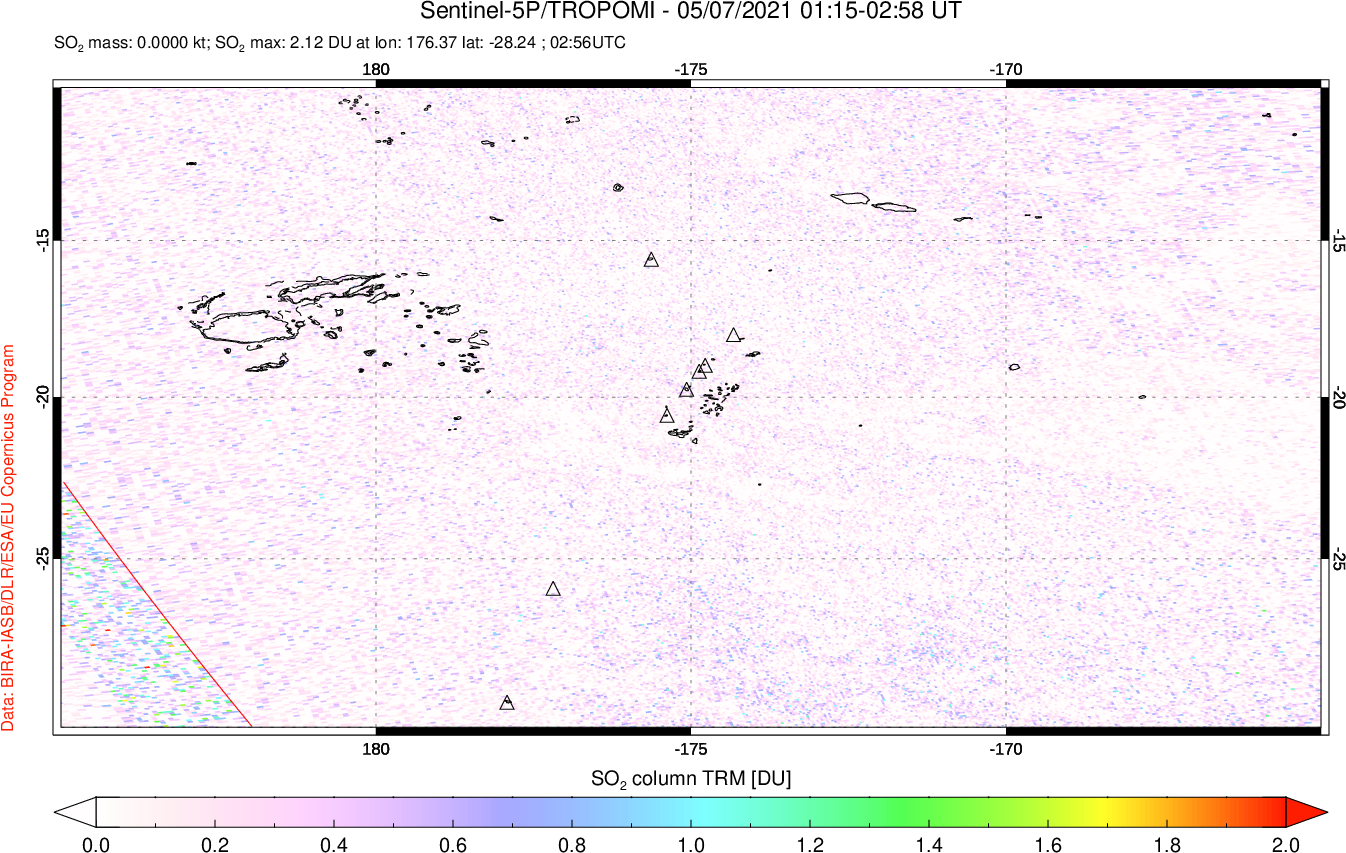 A sulfur dioxide image over Tonga, South Pacific on May 07, 2021.
