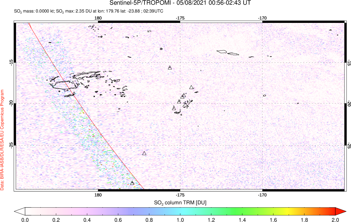 A sulfur dioxide image over Tonga, South Pacific on May 08, 2021.