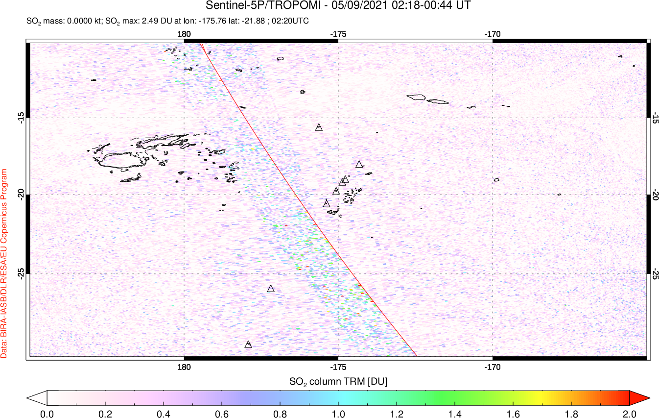 A sulfur dioxide image over Tonga, South Pacific on May 09, 2021.