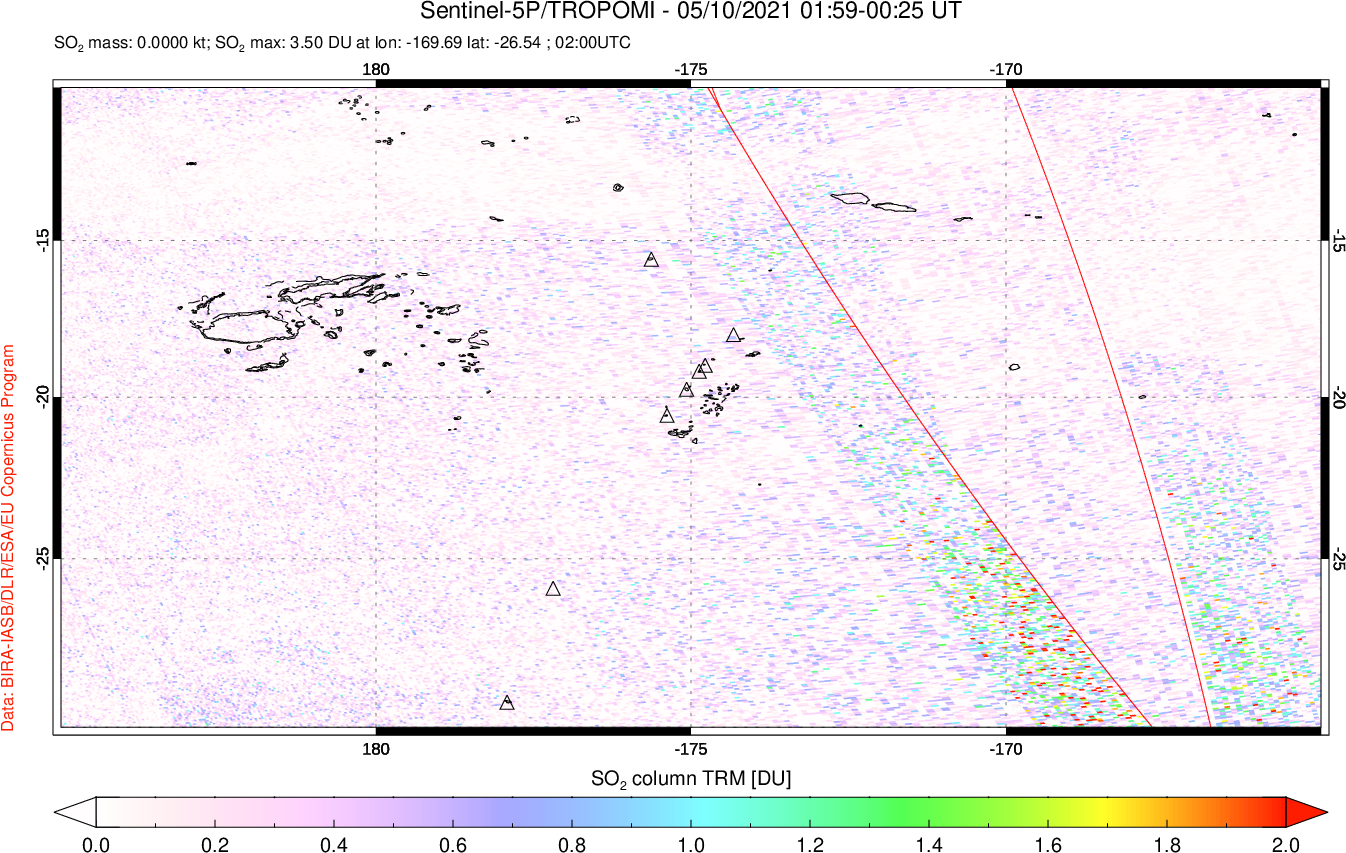 A sulfur dioxide image over Tonga, South Pacific on May 10, 2021.