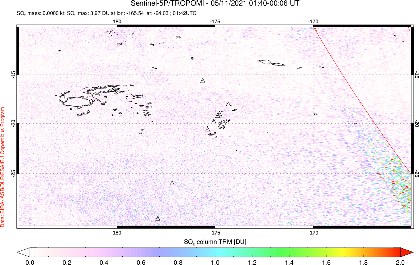 A sulfur dioxide image over Tonga, South Pacific on May 11, 2021.