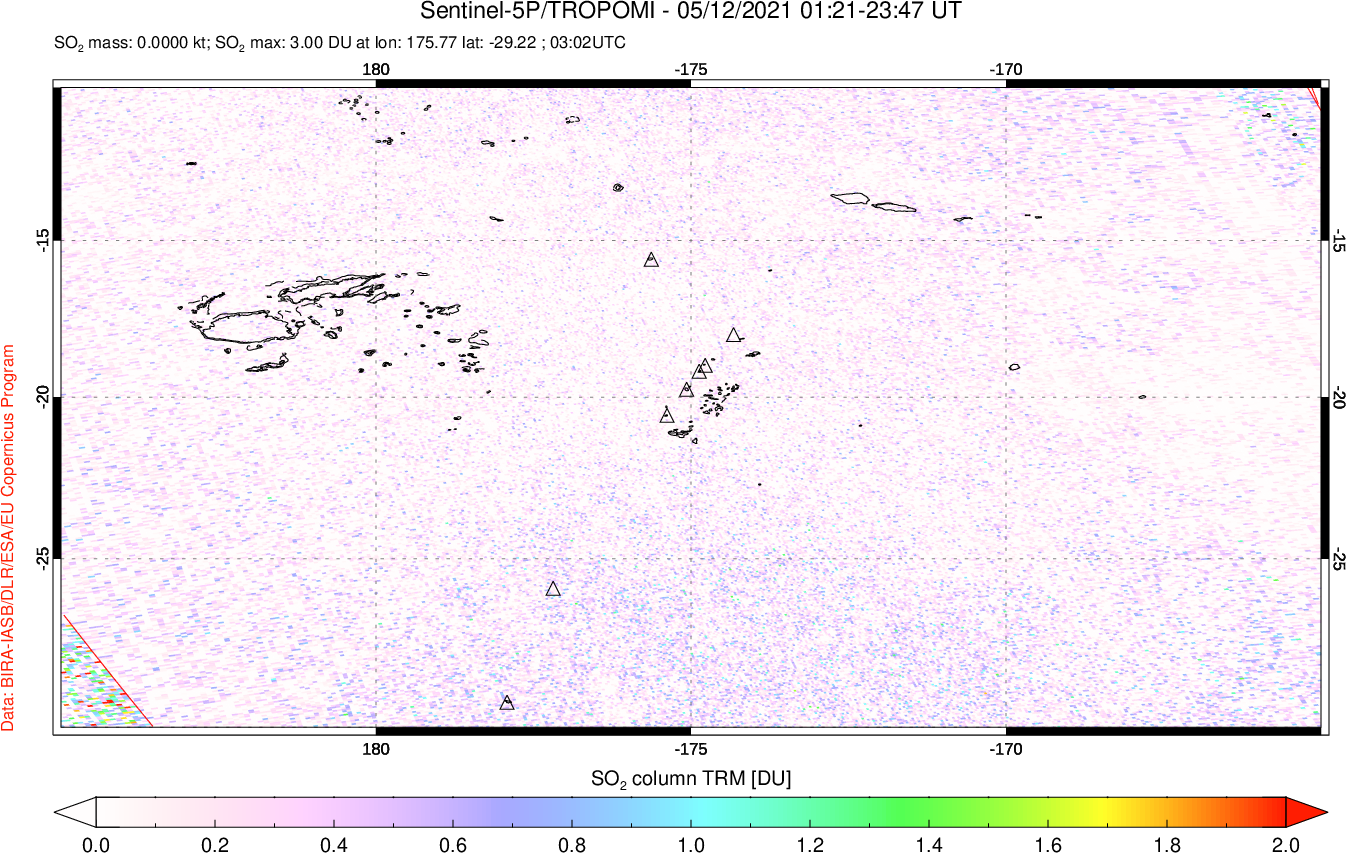 A sulfur dioxide image over Tonga, South Pacific on May 12, 2021.