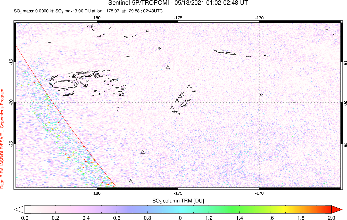 A sulfur dioxide image over Tonga, South Pacific on May 13, 2021.