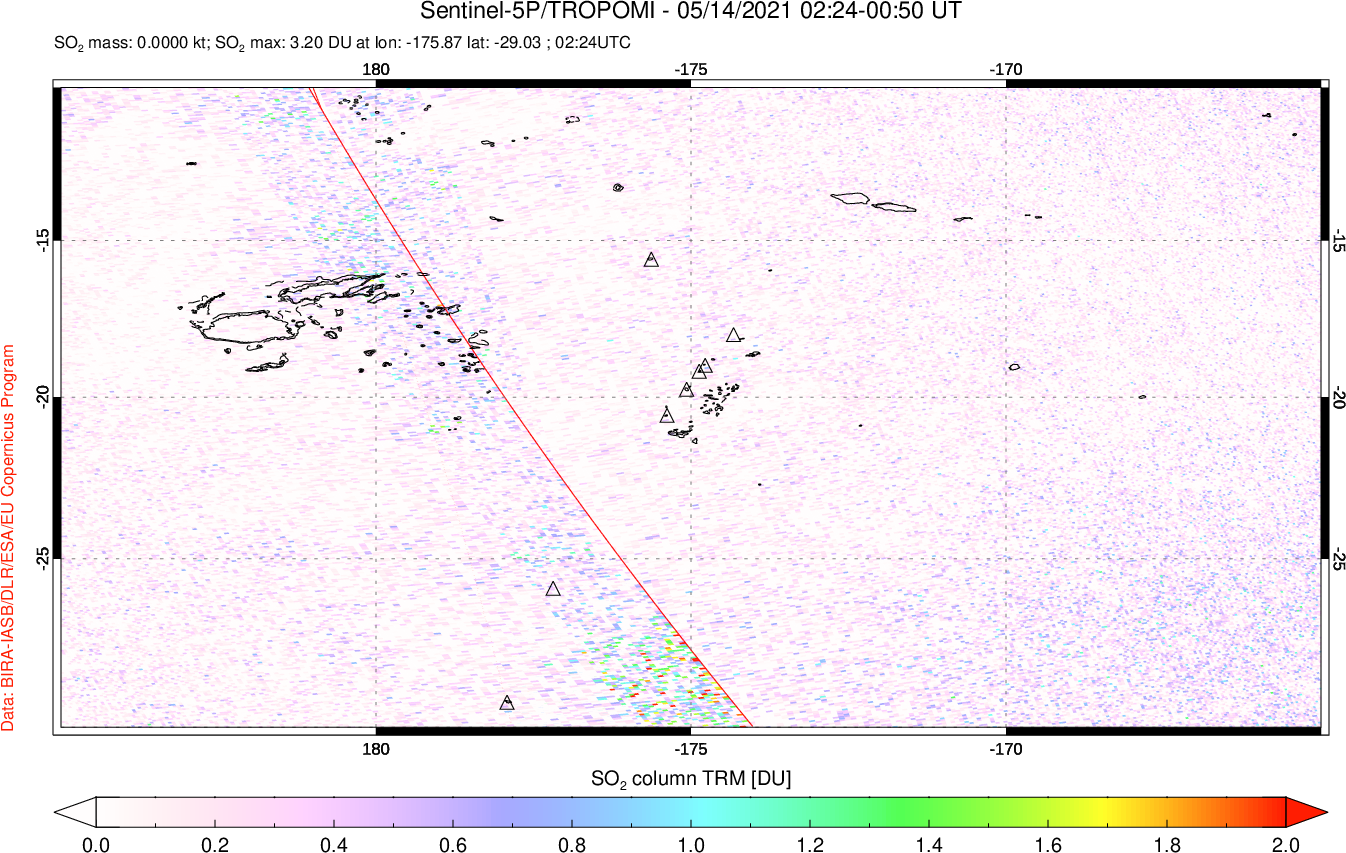 A sulfur dioxide image over Tonga, South Pacific on May 14, 2021.