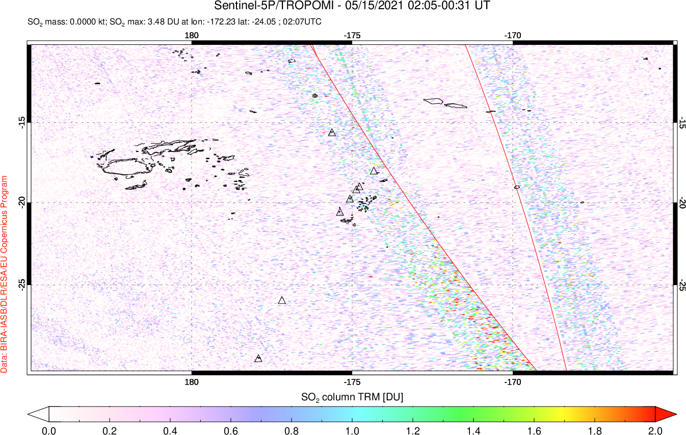 A sulfur dioxide image over Tonga, South Pacific on May 15, 2021.