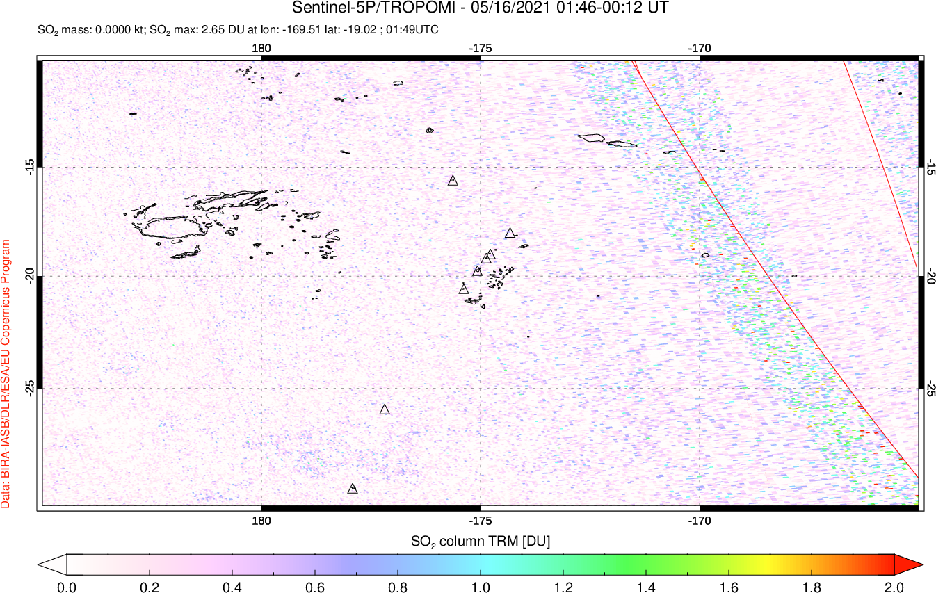 A sulfur dioxide image over Tonga, South Pacific on May 16, 2021.