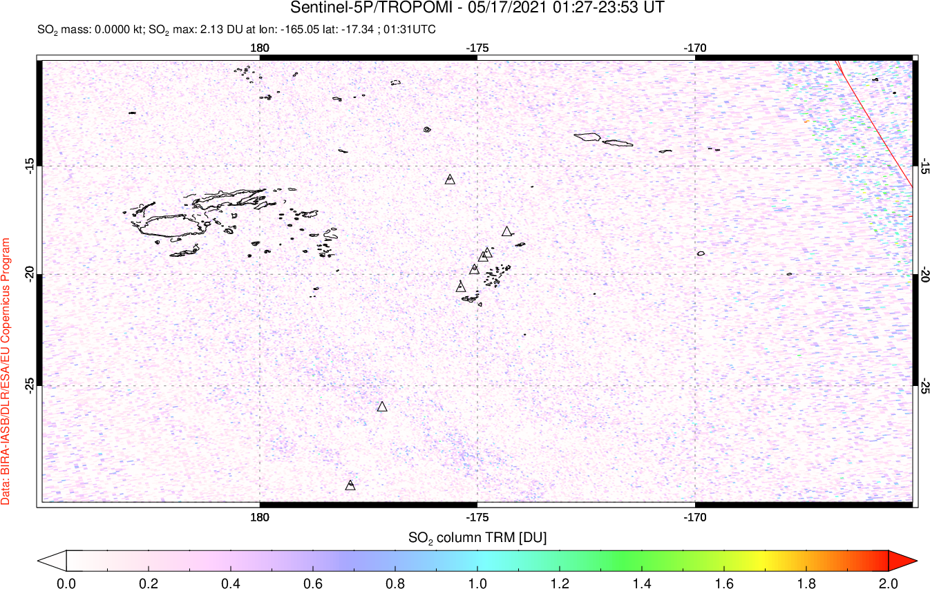 A sulfur dioxide image over Tonga, South Pacific on May 17, 2021.