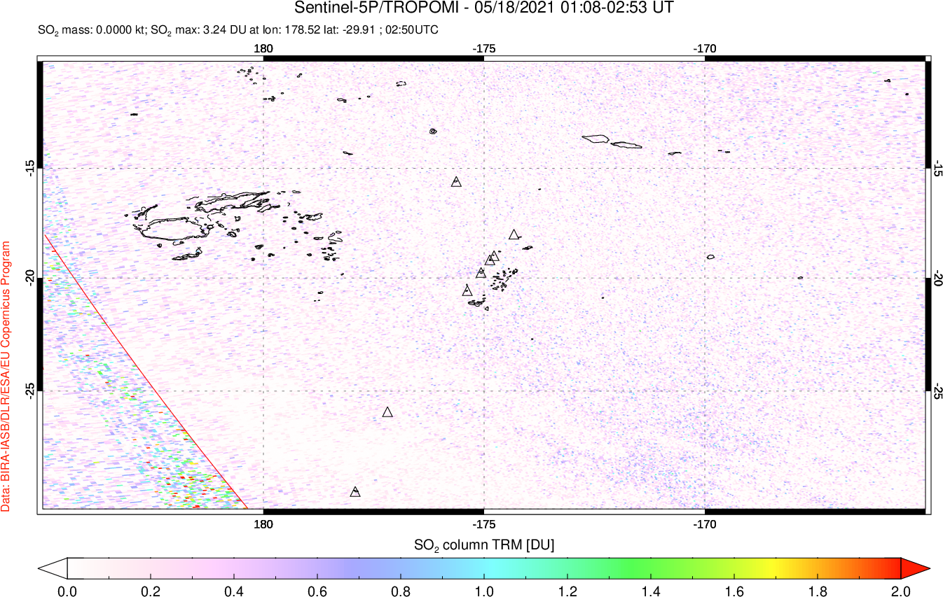 A sulfur dioxide image over Tonga, South Pacific on May 18, 2021.