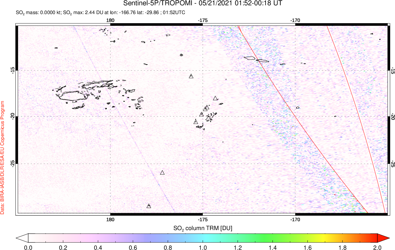 A sulfur dioxide image over Tonga, South Pacific on May 21, 2021.
