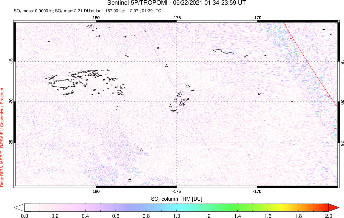 A sulfur dioxide image over Tonga, South Pacific on May 22, 2021.