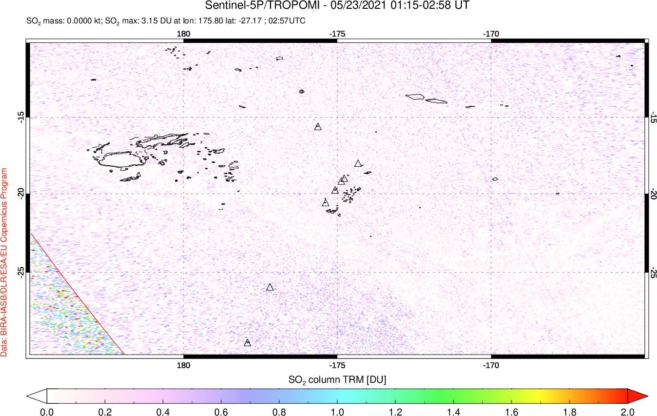 A sulfur dioxide image over Tonga, South Pacific on May 23, 2021.