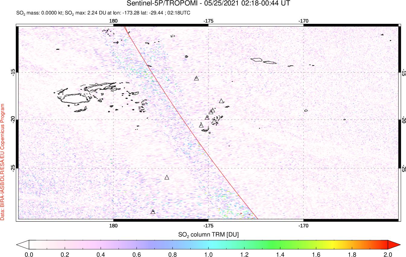 A sulfur dioxide image over Tonga, South Pacific on May 25, 2021.