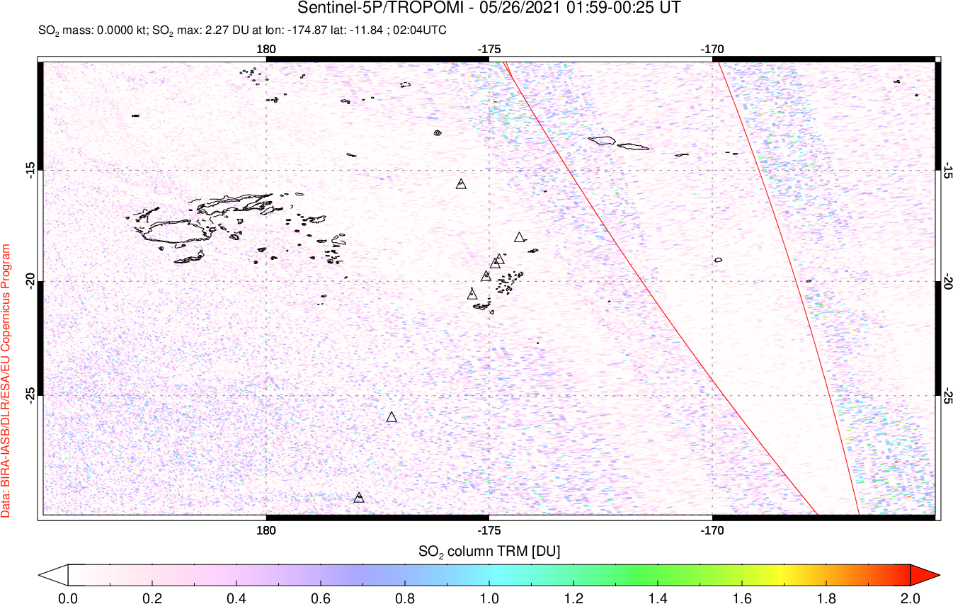 A sulfur dioxide image over Tonga, South Pacific on May 26, 2021.