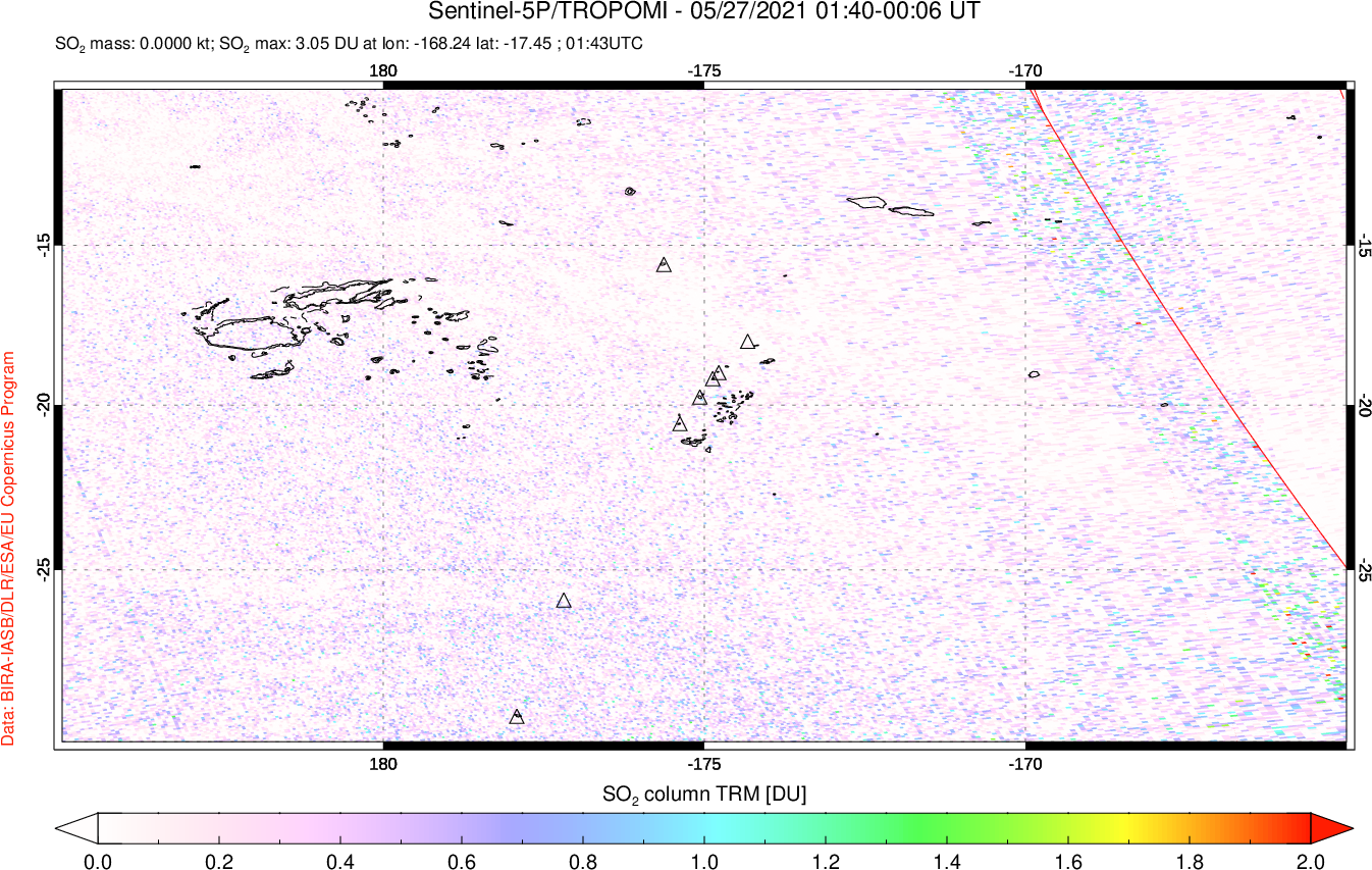 A sulfur dioxide image over Tonga, South Pacific on May 27, 2021.