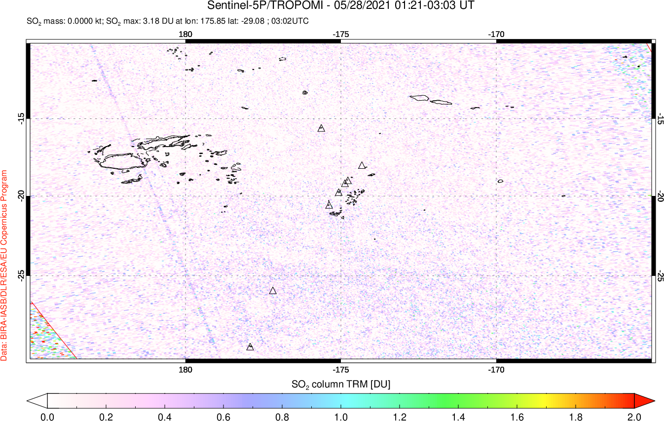 A sulfur dioxide image over Tonga, South Pacific on May 28, 2021.