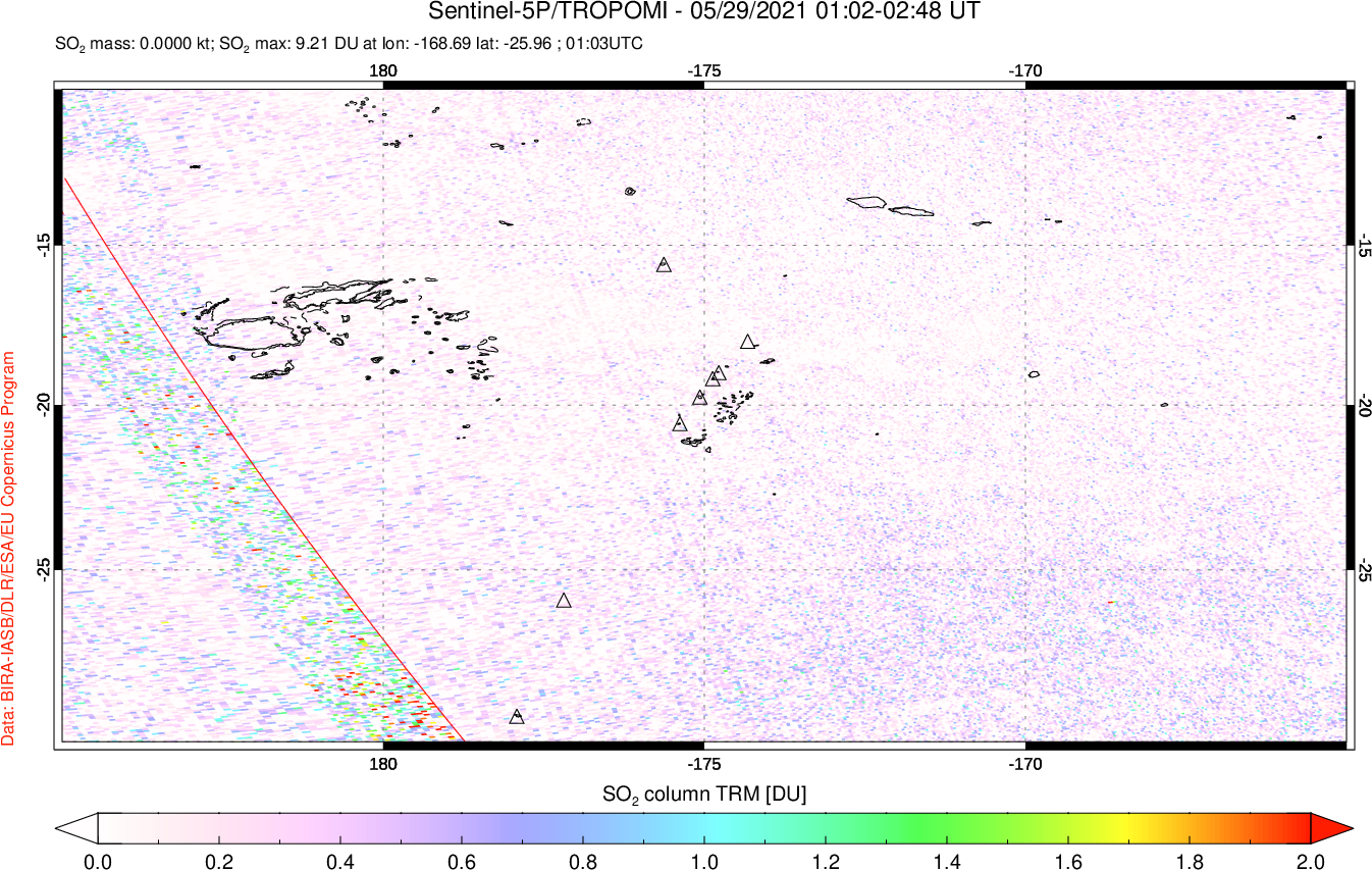 A sulfur dioxide image over Tonga, South Pacific on May 29, 2021.