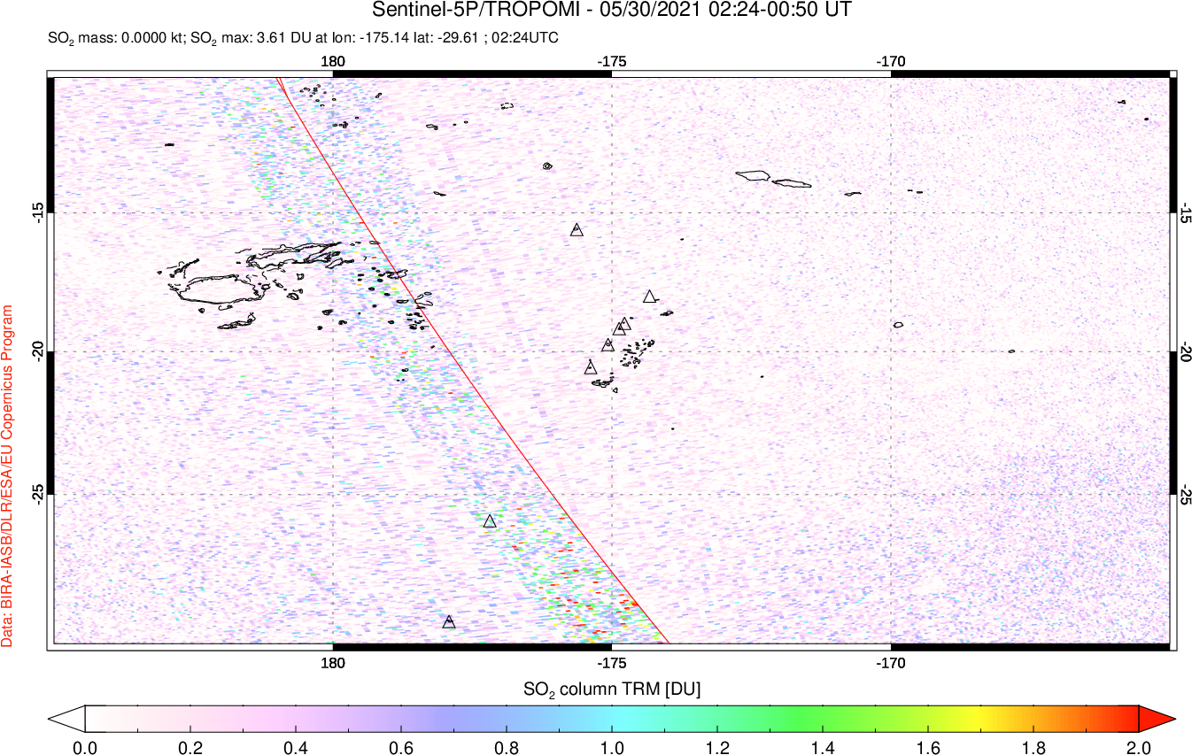A sulfur dioxide image over Tonga, South Pacific on May 30, 2021.