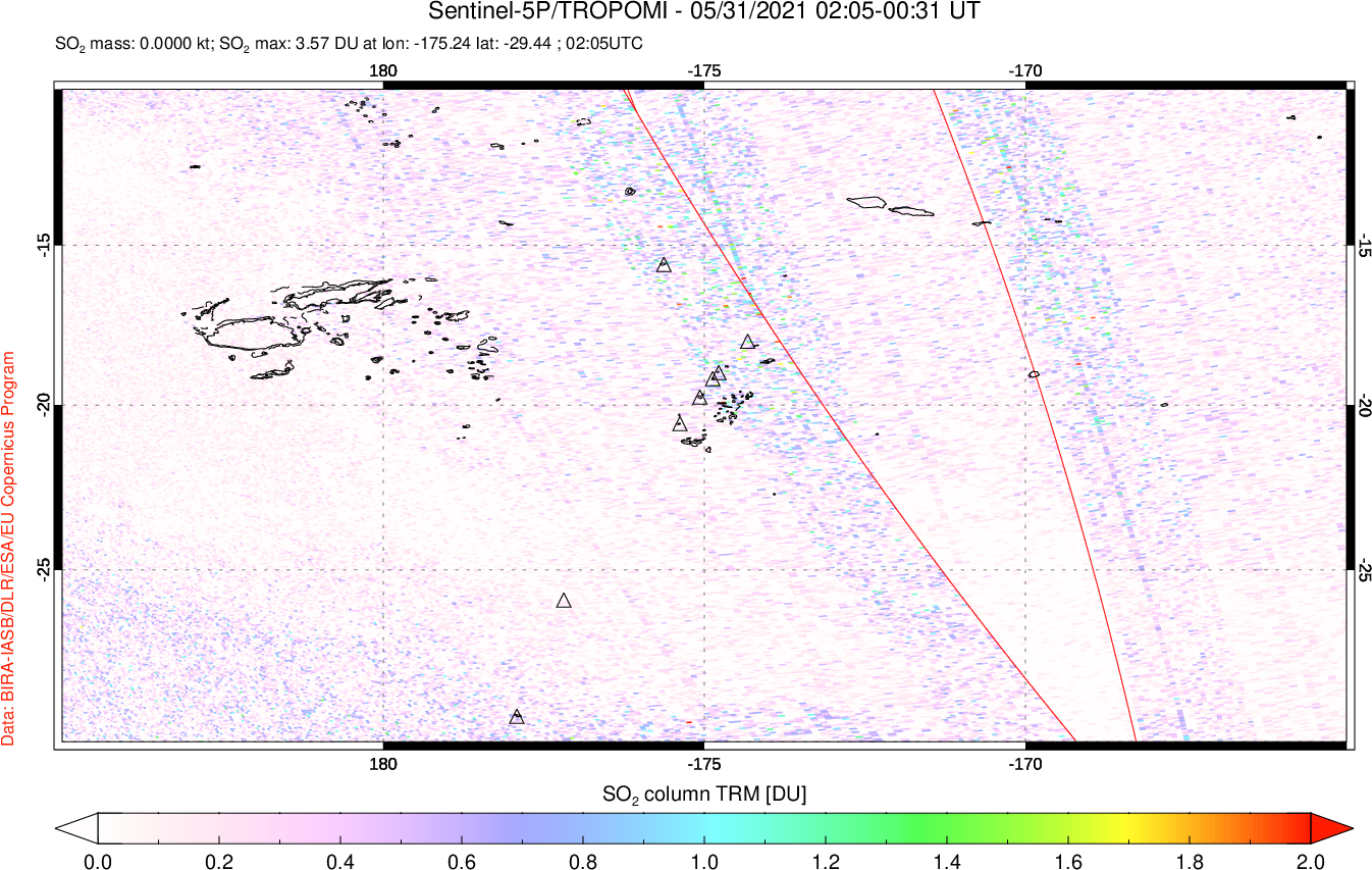 A sulfur dioxide image over Tonga, South Pacific on May 31, 2021.