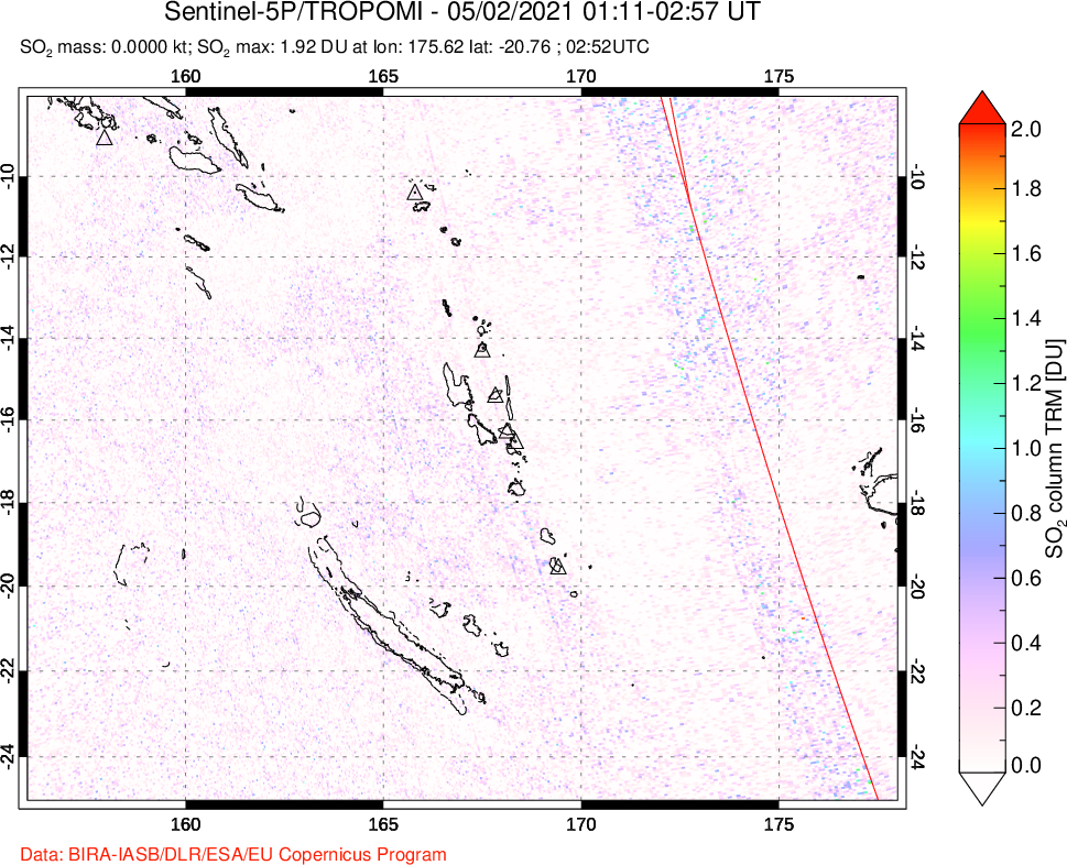 A sulfur dioxide image over Vanuatu, South Pacific on May 02, 2021.