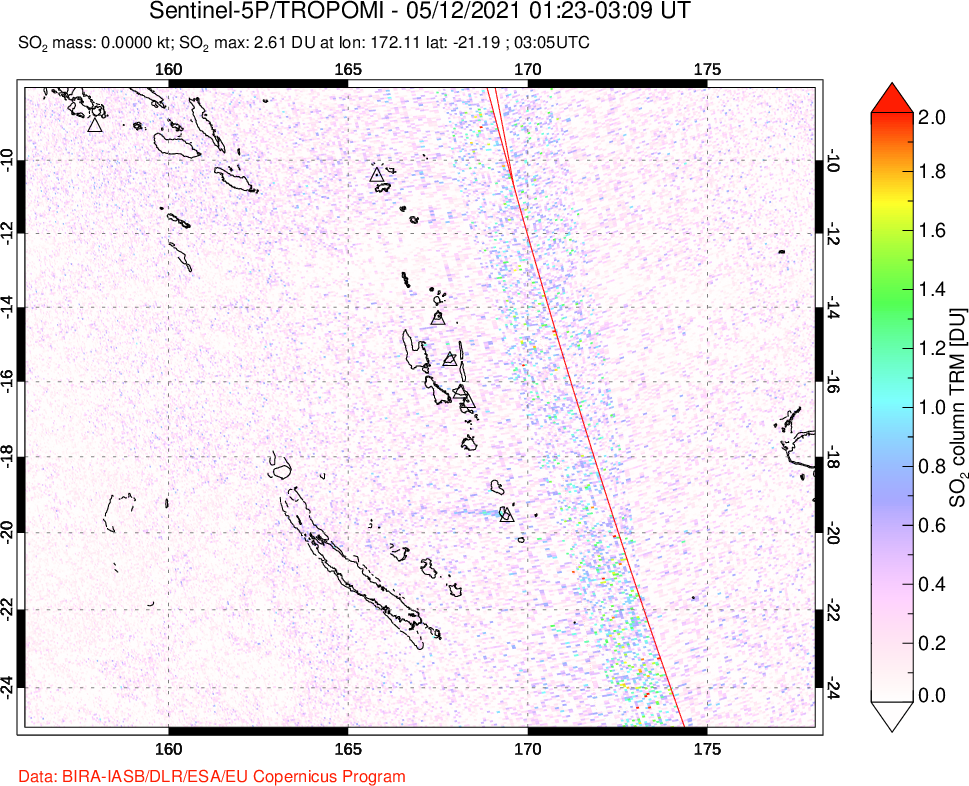 A sulfur dioxide image over Vanuatu, South Pacific on May 12, 2021.